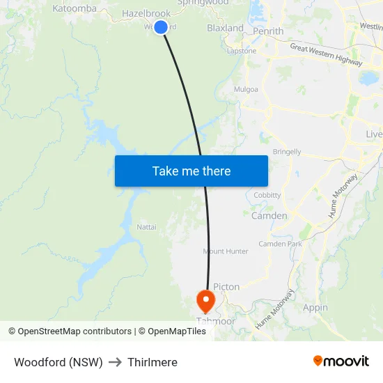 Woodford (NSW) to Thirlmere map