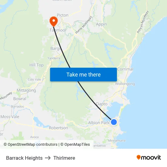 Barrack Heights to Thirlmere map