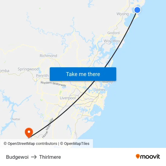 Budgewoi to Thirlmere map