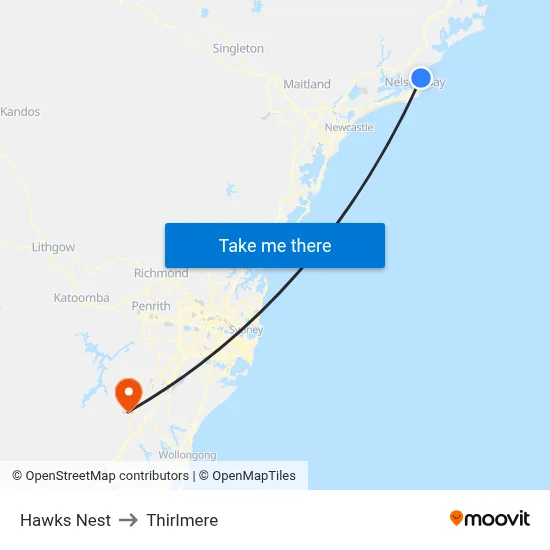 Hawks Nest to Thirlmere map