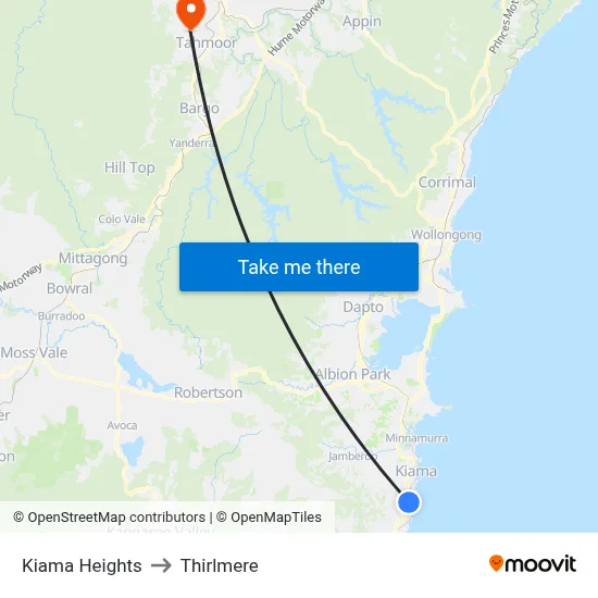 Kiama Heights to Thirlmere map