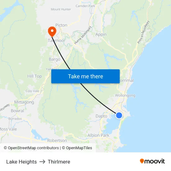 Lake Heights to Thirlmere map