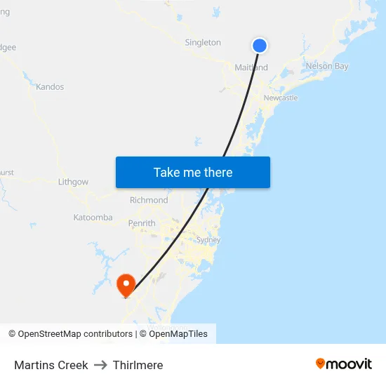 Martins Creek to Thirlmere map