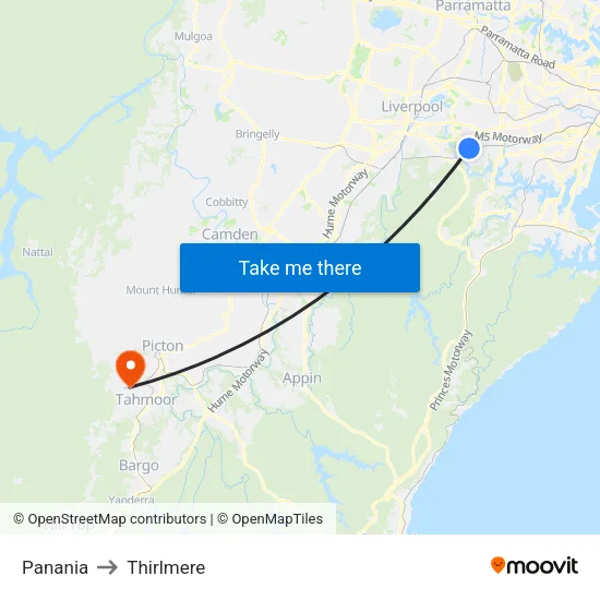 Panania to Thirlmere map