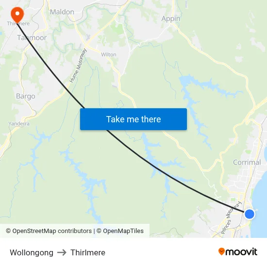 Wollongong to Thirlmere map