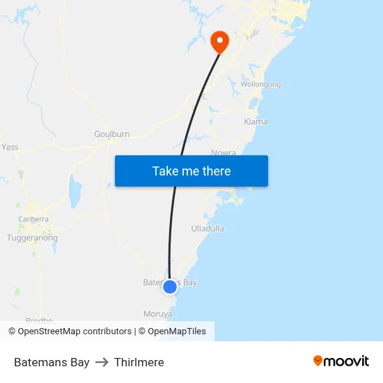 Batemans Bay to Thirlmere map