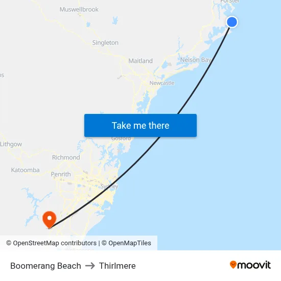 Boomerang Beach to Thirlmere map