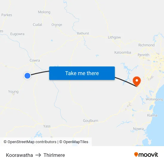 Koorawatha to Thirlmere map