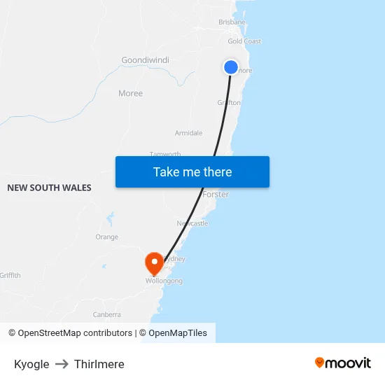 Kyogle to Thirlmere map