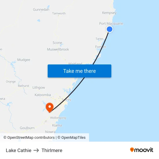 Lake Cathie to Thirlmere map