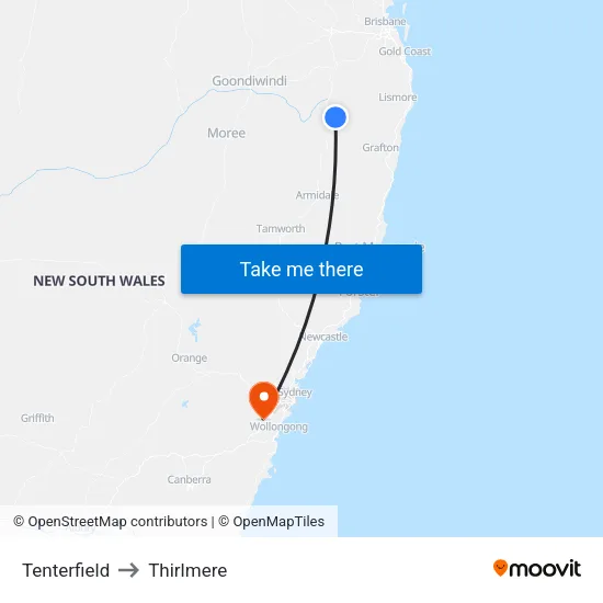 Tenterfield to Thirlmere map