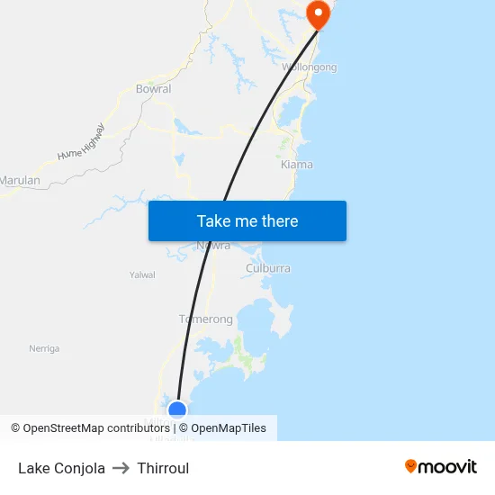 Lake Conjola to Thirroul map