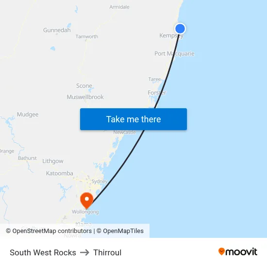 South West Rocks to Thirroul map