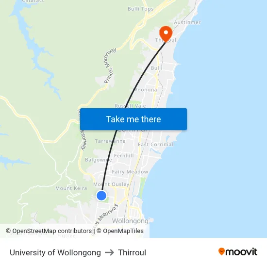 University of Wollongong to Thirroul map
