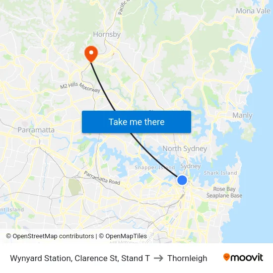 Wynyard Station, Clarence St, Stand T to Thornleigh map