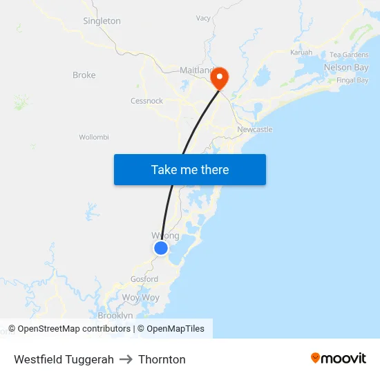 Westfield Tuggerah to Thornton map