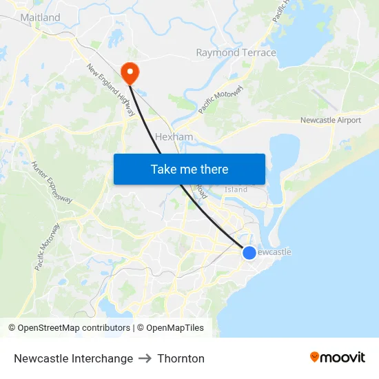 Newcastle Interchange to Thornton map