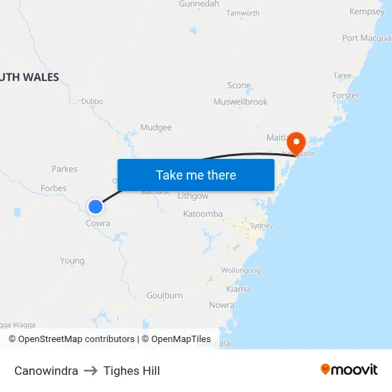 Canowindra to Tighes Hill map