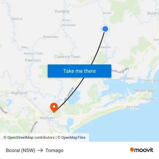 Booral (NSW) to Tomago map