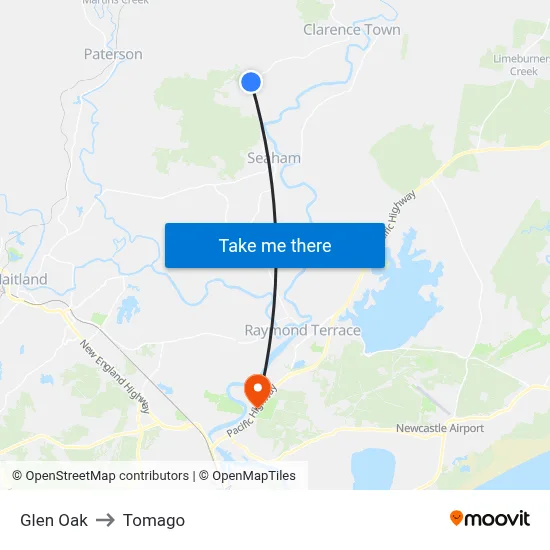 Glen Oak to Tomago map
