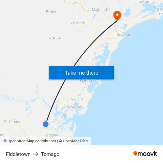 Fiddletown to Tomago map