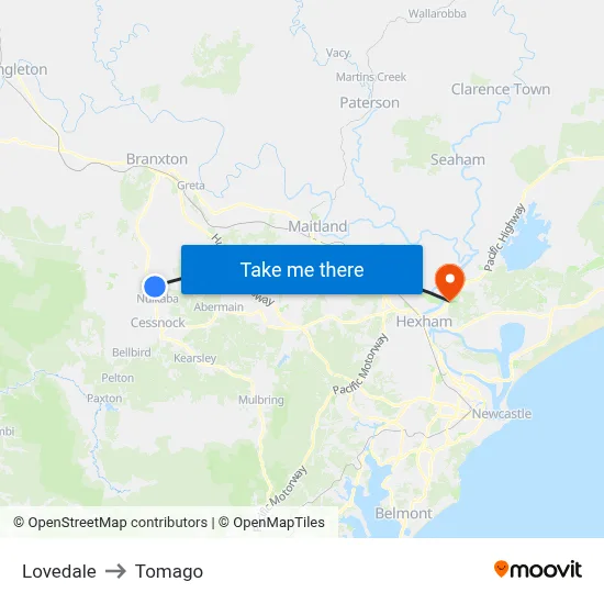 Lovedale to Tomago map