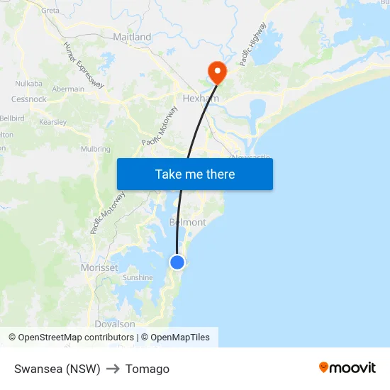 Swansea (NSW) to Tomago map