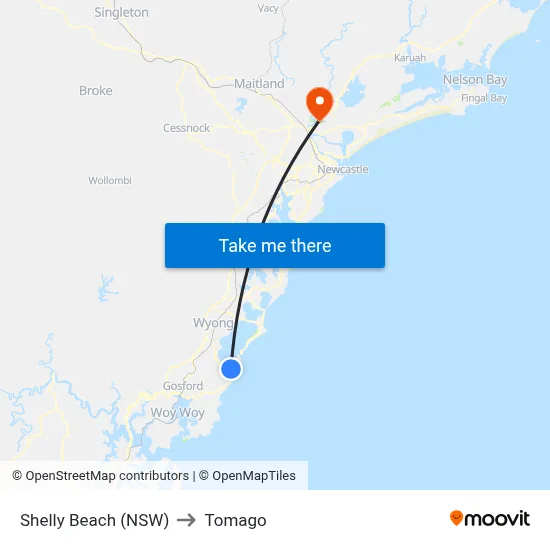 Shelly Beach (NSW) to Tomago map
