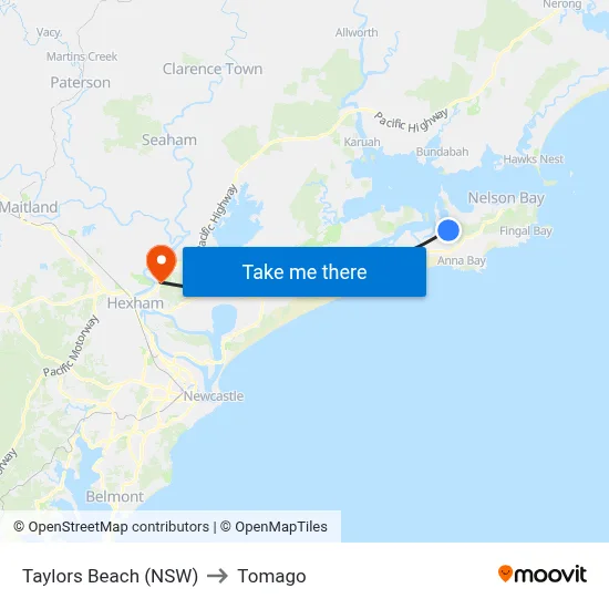 Taylors Beach (NSW) to Tomago map