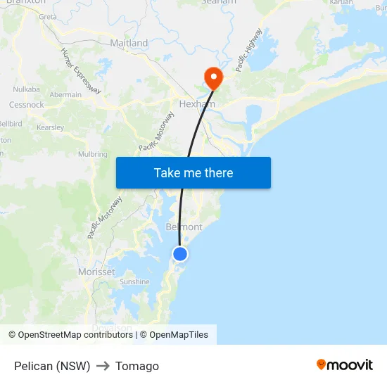 Pelican (NSW) to Tomago map