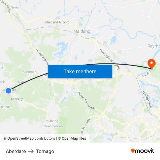 Aberdare to Tomago map