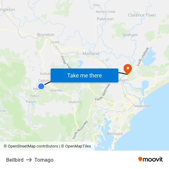 Bellbird to Tomago map