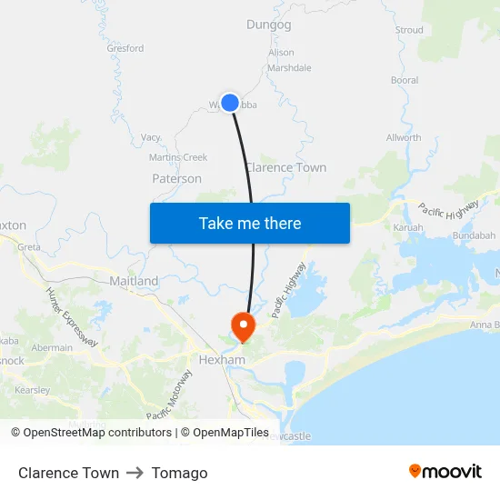 Clarence Town to Tomago map
