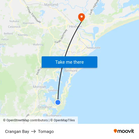 Crangan Bay to Tomago map