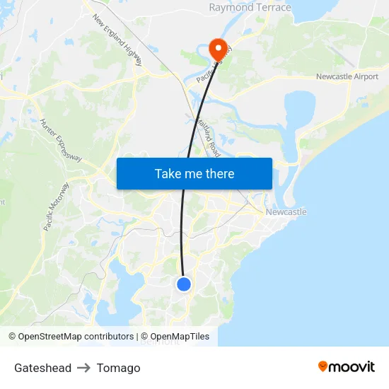 Gateshead to Tomago map