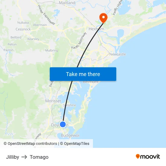 Jilliby to Tomago map