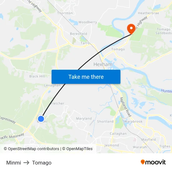 Minmi to Tomago map