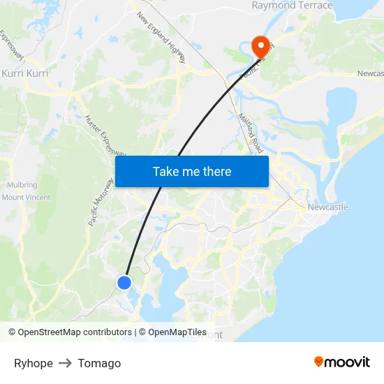 Ryhope to Tomago map