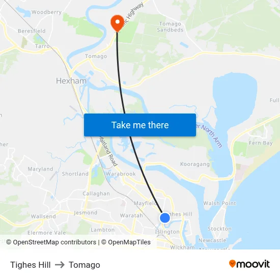 Tighes Hill to Tomago map