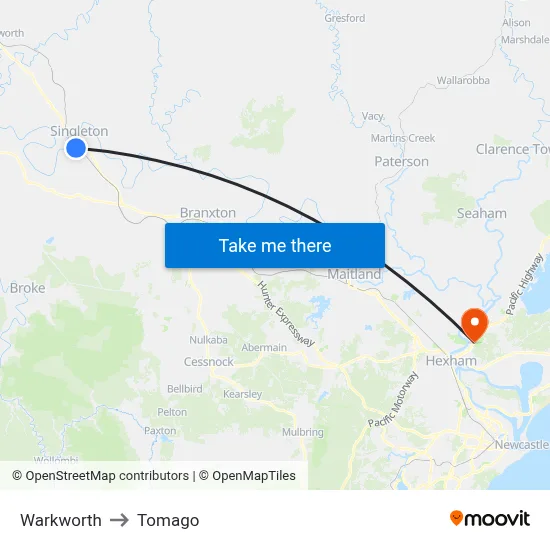 Warkworth to Tomago map