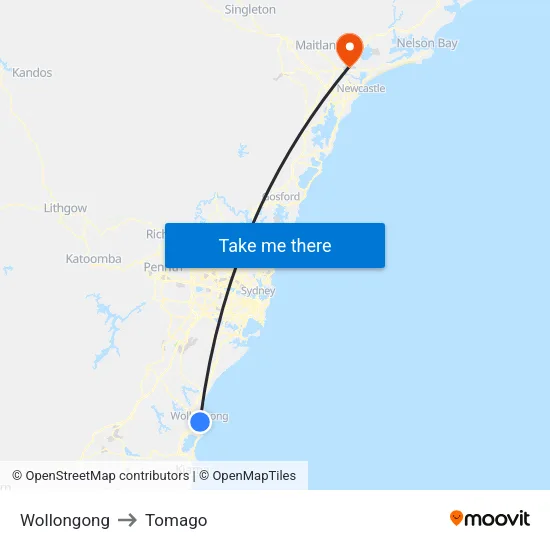 Wollongong to Tomago map