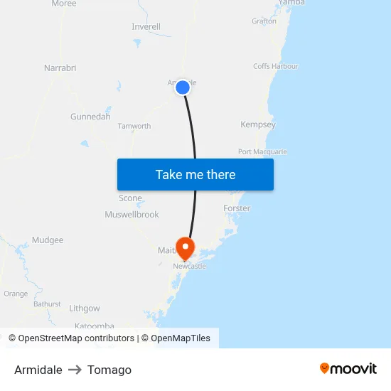 Armidale to Tomago map
