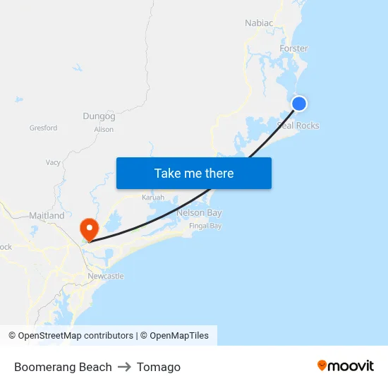 Boomerang Beach to Tomago map