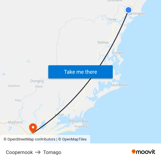 Coopernook to Tomago map