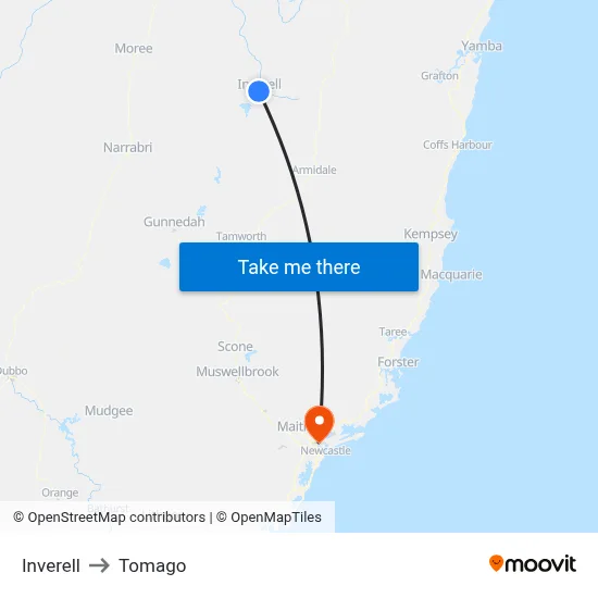 Inverell to Tomago map