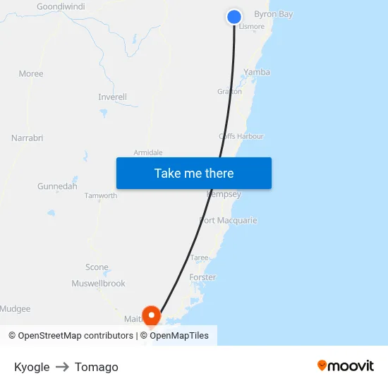 Kyogle to Tomago map