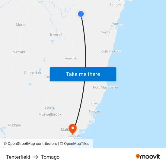 Tenterfield to Tomago map