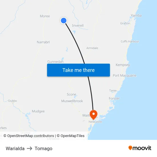 Warialda to Tomago map