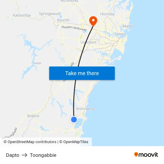 Dapto to Toongabbie map