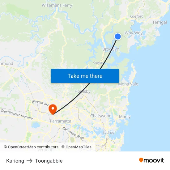 Kariong to Toongabbie map